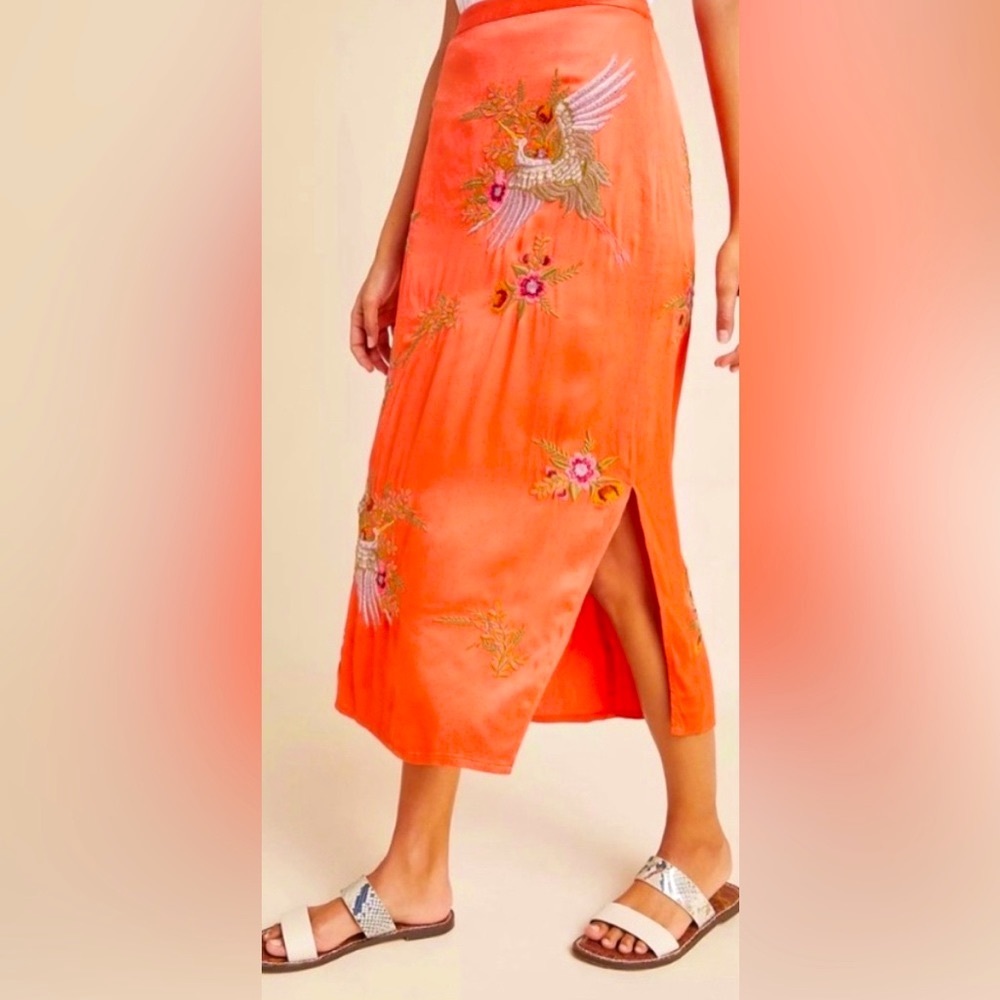 Maeve Orange Maxi Skirt Embroidery Anthropologie Silk feel ❤️